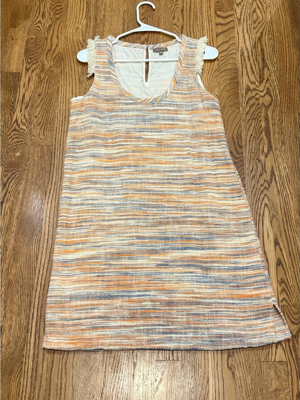 Lilla P Striped Textured Knit Shift Dress in Cream, Orange & Blue